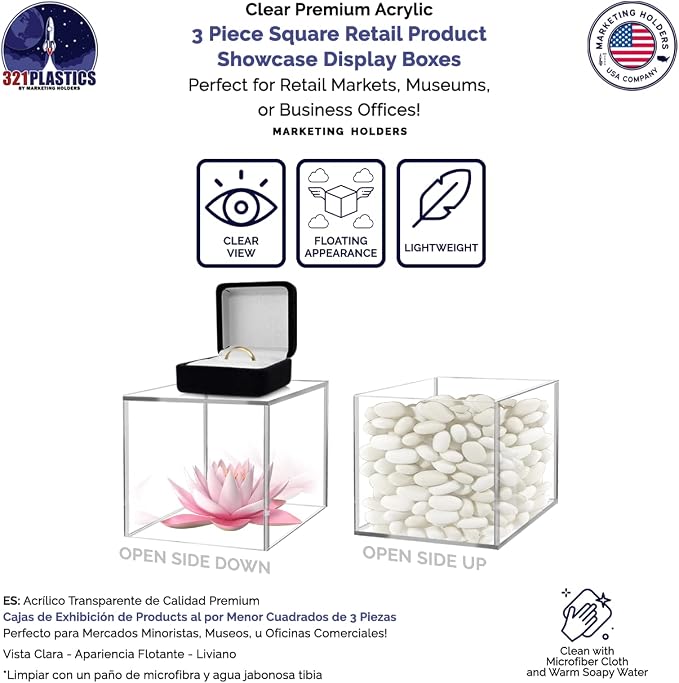Acrylic Display Riser Boxes 3 Piece Clear Retail Product Riser 4", 5", 6" High Nesting Bins One Open Side No Lid Merchandise Storage Box by Marketing Holders