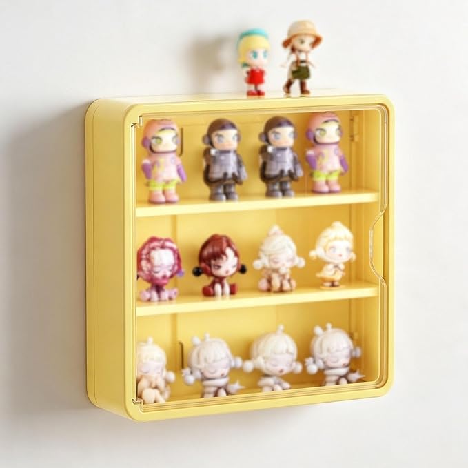 Wall-Mounted Display Case for Blind Box Figures, Clear Magnetic Door Collectible Storage Cabinet, No-Drill Figure Organizer with Shelves, Small or Large, White, Yellow or Purple(Yellow,Small)
