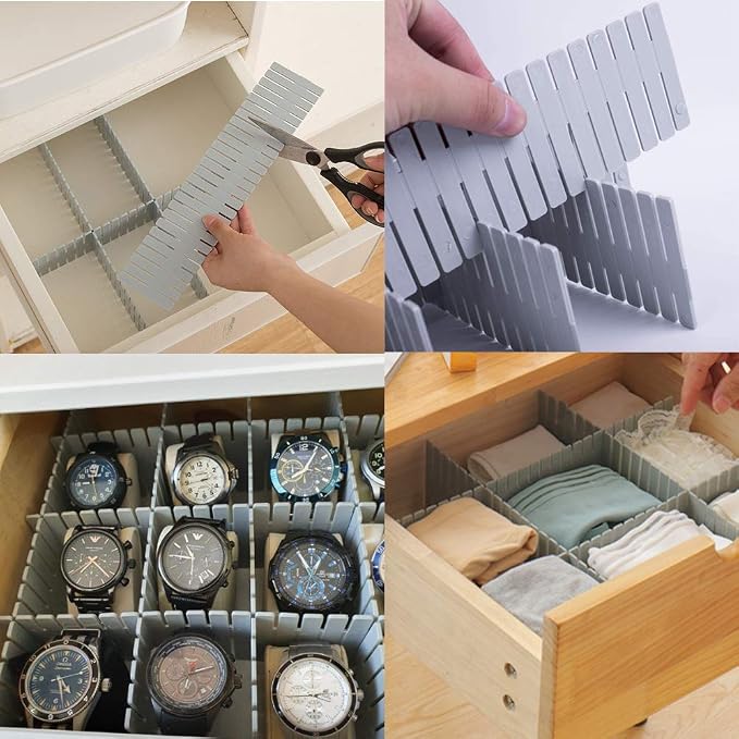 Onerbuy 8pcs Adjustable Grid Drawer Dividers DIY Plastic Closet Separator Tidy Organizer Container for Underwear Socks Belt Office Supplies(Grey)