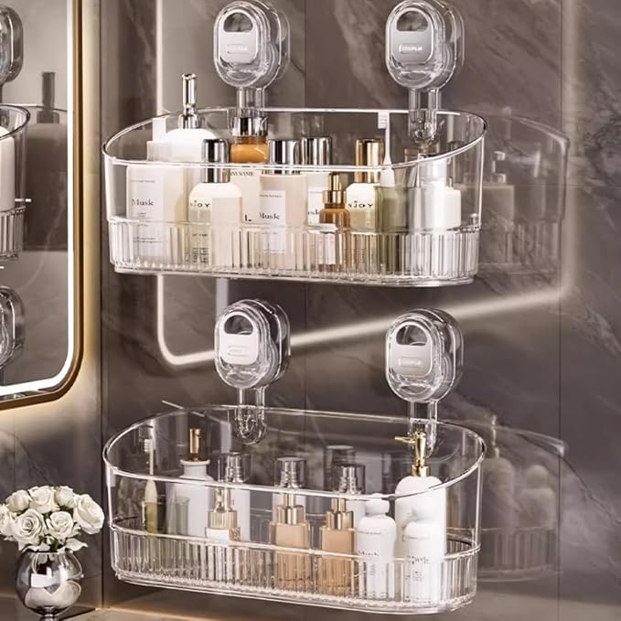 No-Drill Bathroom Suction Storage Box,Large Capacity & Strong Load-Bearing,Removable Shower Basket,Glacier Pattern Suction Cup Shower Caddy Hanging Shower Shelf Organizer (Clear 1pcs)
