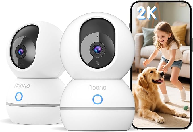 Noorio 2K Indoor Camera Wireless, Baby Monitor Pet Camera, 2-Way Audio | 360-Degree for Home Security/Smart Motion Tracking, Phone App, IR Night Vision, Siren, Compatible with Alexa, CS201 2Pcs