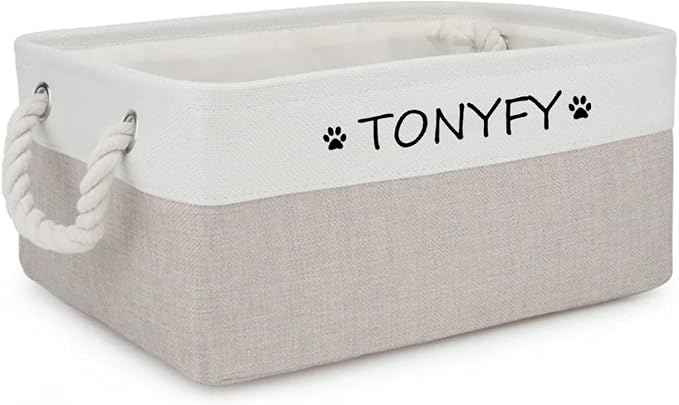 Pet Toy Storage Box Dog Toy Organizer Basket Personalized Large Capacity Collapsible Bin Two-Tone Linen Chest with Sturdy Handles for Living Room Pet Supplies Organizing (White Light Gray S)