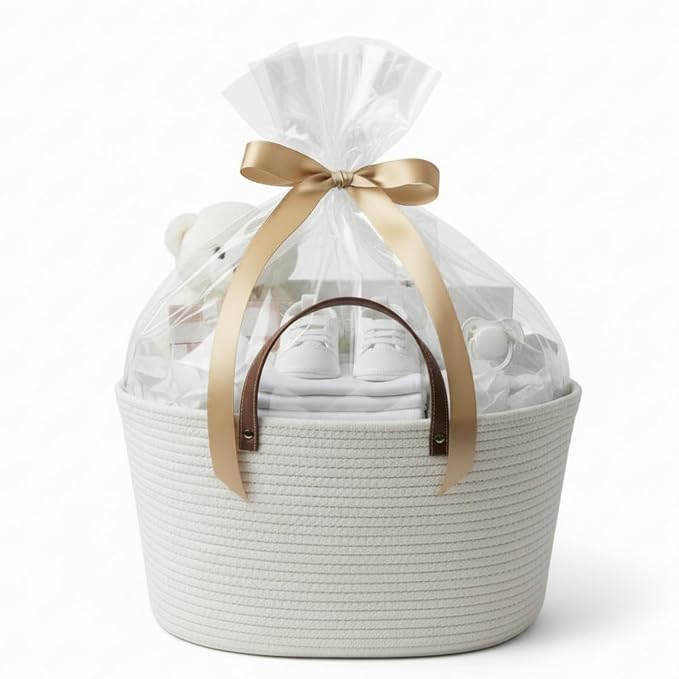 Colingmill Empty Gift Basket Woven Cotton Rope PU Handles,16.5*10*9 Inch
