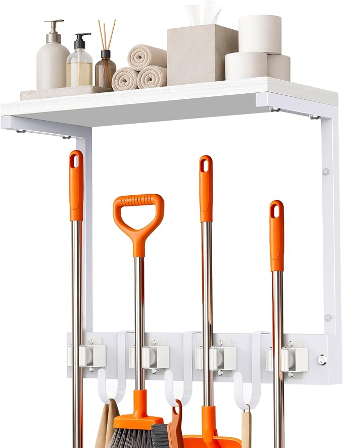 Supforce Small Broom Holder Wall Mount with Shelf, 4 Slots 3 Hooks | White, 2-In-1 Wall Mount Stores Brooms/Mops, Cleaning Supplies With 4 Grippers/3 Hooks And A Sturdy Wooden Top Shelf