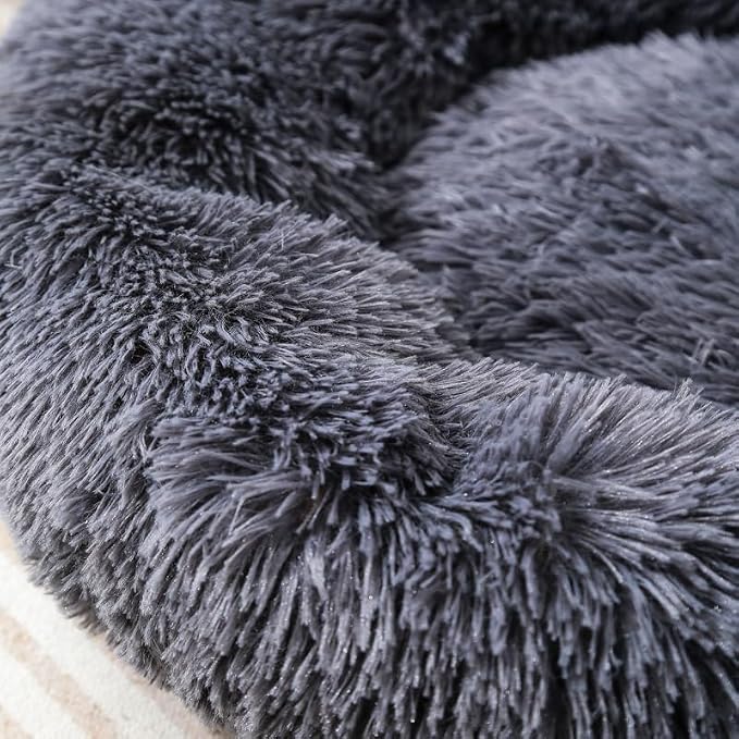 Calming Dog Bed, 39 inch Large Round Donut Plush Pet Cushion, Machine Washable Anti-Slip Bottom, Fluffy Warm Couch for Dogs Cats Up to 50KG, Dark Gray