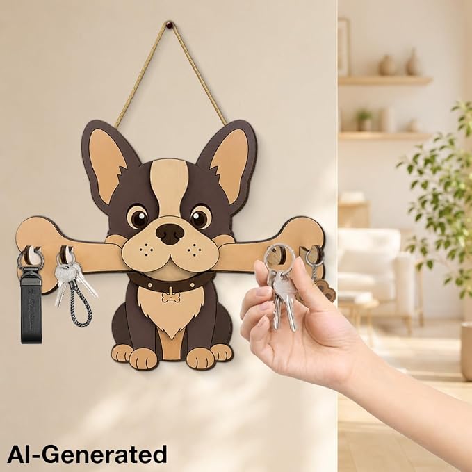 Dog Leash Holder for Wall, Cute Key Holder Wall Mount with 4 Keys Hooks, Dog Wooden Key Hooks for Collars, Entryway Garage Living Room Kitchen Mudroom