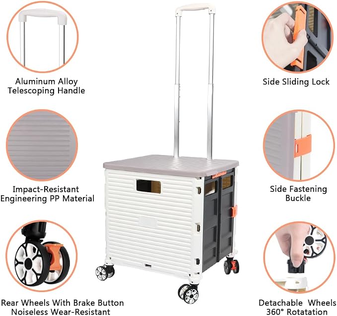 FELICON SELORSS Foldable Utility Cart Folding Portable Rolling Crate-White | Durable,Heavy Duty,Plastic Box,Telescoping Handle,4 Rotate Wheels,Collapsible Handcart for Travel Shop Move Luggage Office