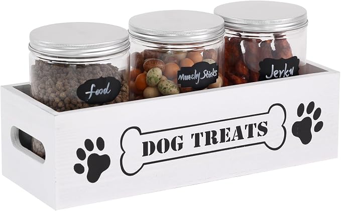 Dog Treat Container Pet Organizers and Storage with 3 Jars Doggie Snack Storage Cat Treat Holder for Countertop Dog Food Storage Cabinet Farmhouse Decor Gift with Reusable Sticker & Marker