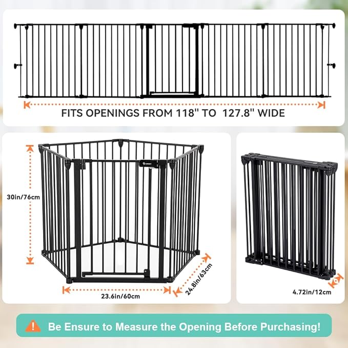 COMOMY 127.8" Extra Wide Baby Gate, Dog Gate for House Stairs Doorways | Auto Close Pet Gate with Door Walk Through, 5 Metal Panels, Hardware Mounted Baby Fence Indoor Outdoor(30" Tall,Black)