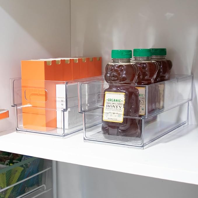 Isaac Jacobs 2-Pack Clear Expandable Storage Bins - Small | 11"-19" L x 5.8" W x 4.8" H, Plastic Organizer with Cut-Out Handles, Adjustable Length from 11-19" for Home, Kitchen & Office