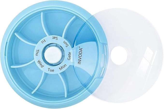12PCS INVODA Weekly Pill Organizer 7 Compartment Rotating Daily Pill Box | Cute Round Pill Organizer Fit purse pocket or backpack Portable Travel Pill Case for Fish Oil Supplements Vitamins Medication
