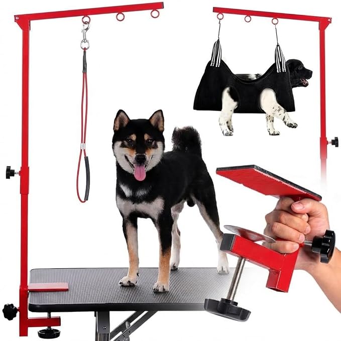 Dog Grooming Table Arm with Hammock - Adjustable Height, Pet Grooming Hammock, No Sit Haunch Holders, Loop Noose Heavy-Duty Clamp (Red)