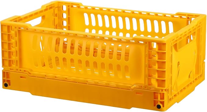 uxcell Collapsible Crates, 11.7x7.8x4.7 Stackable Plastic Storage Baskets with Handle Small Storage Containers for Bedroom Office Classroom Bathroom Desktop Organizer Decor, Soft Yellow