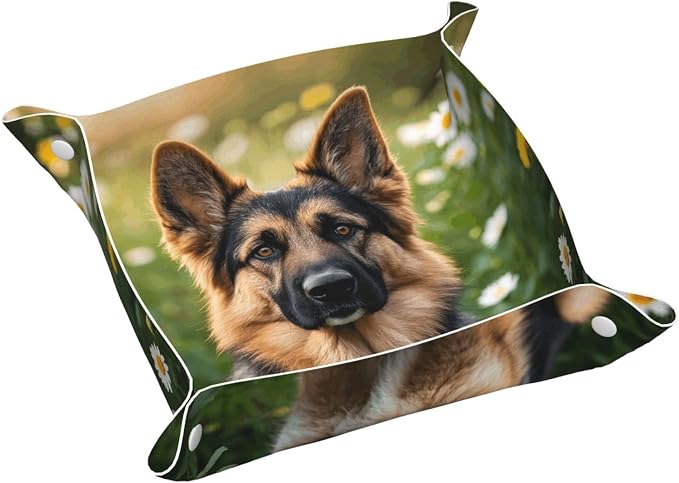 LeatherJewelry Valet Tray for Women Men, Portable Travel Catchall Tray Organizer Dish Plate Cute Pet German Shepherd Dog Bedside Vanity Tray Nightstand Caddy Holder for Wallet, Key, Coin