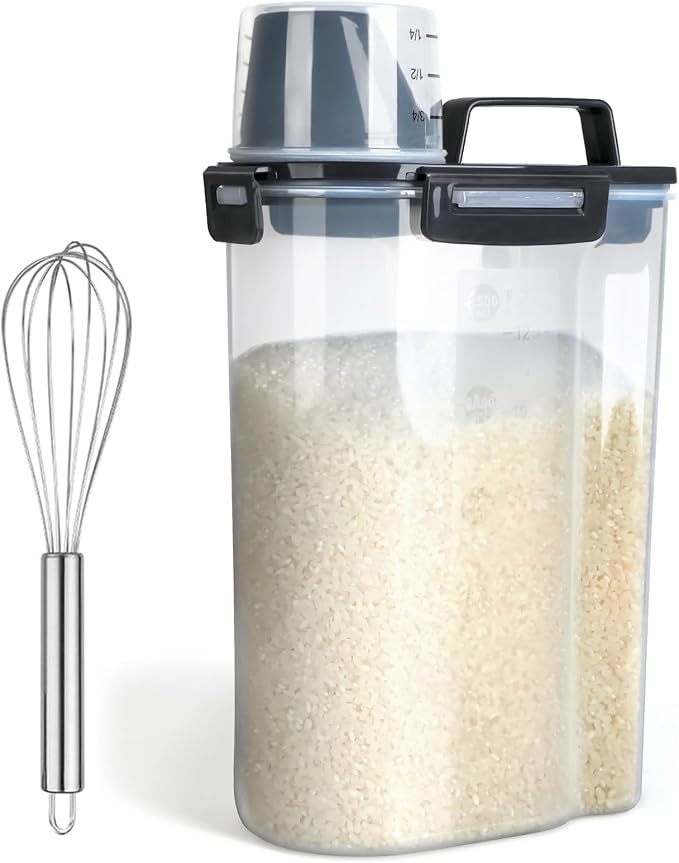 Uppetly Rice Airtight Dry Food Storage Containers, BPA Free Plastic Storage Bin Dispenser with Pourable Spout, Measuring cup for Cereal, Flour and Baking Supplies, Include a Stainless Steel Whisk