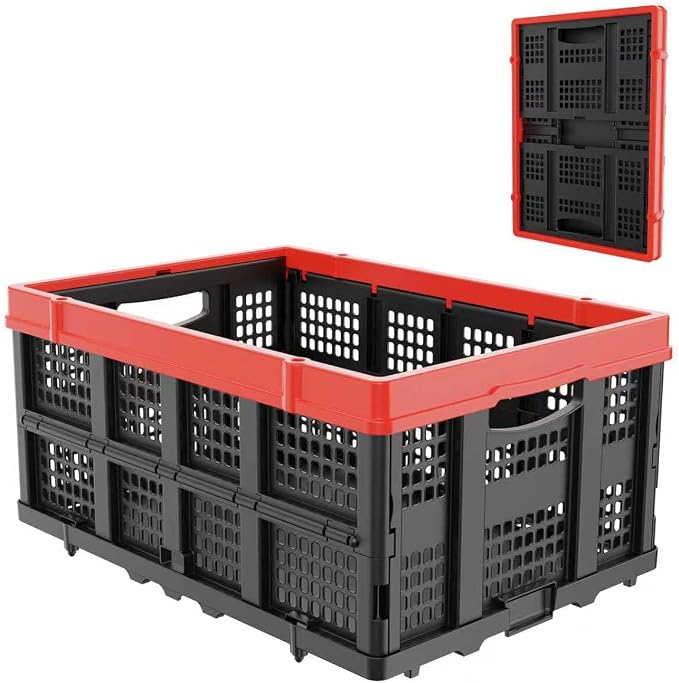 TOLRET 49L Collapsible Crate, Milk Crate for Storage, Foldable Storage Crate, Stackable Crate for Organizing for Home, Shopping, Camping, School, Office, Warehouse, Red
