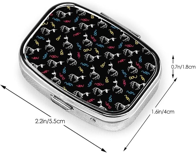 Metal Pill Box AM/PM Compartments Small Medicine Organizer Supplements Case Travel Essential, Happy Halloween Unicorn Skull Skeletons