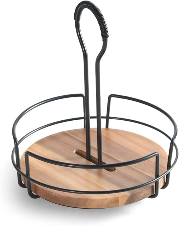 Mikasa Gourmet Basics Hanover Condiment Caddy with Rotating Caddy Organizer Design, Acacia Wood Insert - Durable, BPA-Free, Heavy-Gauge Carbon Structured Steel for Condiment Storage