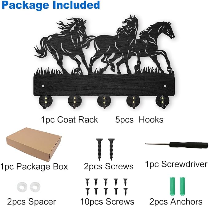 MAYJOYDIY Horse Coat Hooks Wall Mounted 11.8×7.9inch Running Horse Key Holder for Wall Wood Key Rack Hanger with 5 Alloy Hooks for Wall Art Decor Entryway Front Door Gift