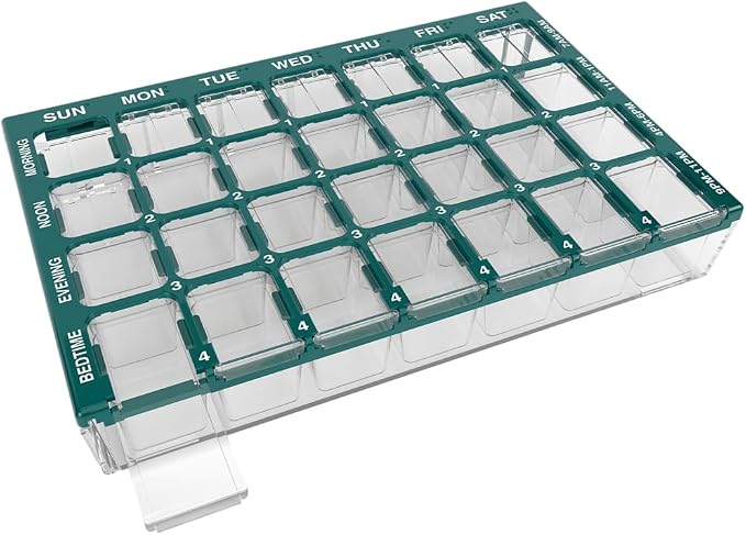 Ezy Dose Pharmadose Weekly 7-Day, 4X/Day Pill Organizer, Green, Small | 28 Small Compartment Pill Case, Medicine Planner, Vitamin Organizer with Easy Fill Tray, BPA Free