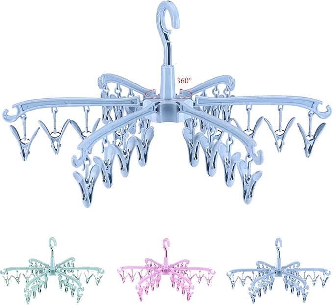 Clothes Sock Drying Hanger with 24 Clips,Foldable Hanging Rack | for Drying Socks Lingerie Baby Clothes Drying Towels Rotatable Sock Drying Rack with 24 Pegs Clips(blue)