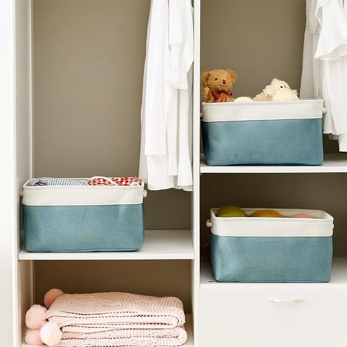 Fabric Storage Bin with Handles,Storage Basket for Home Storage and Organization, Shelf Basket with Cover for Living Room Bedroom Closet（White & Green Large,15.7L*11.8W*8.3H
