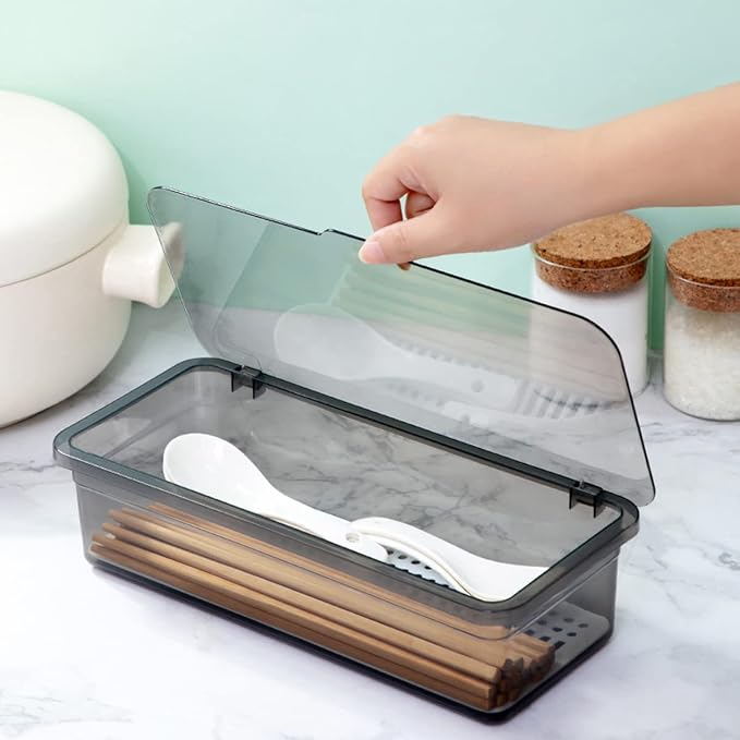 Flatware Tray Kitchen Drawer Organizer With Lid And Drainer - Plastic Kitchen Cutlery Tray and Utensil Storage Container with Cover - Dinnerware Holder for Spoons Forks Knives 10.0x4.3x2.8