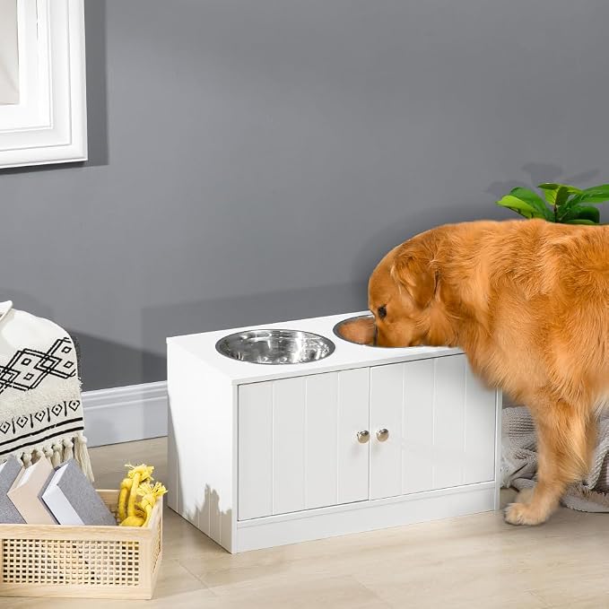Elevated Dog Bowl Stand with 44L Storage Cabinet for Large Dogs, Stainless Steel Bowls and Magnetic Door Closure