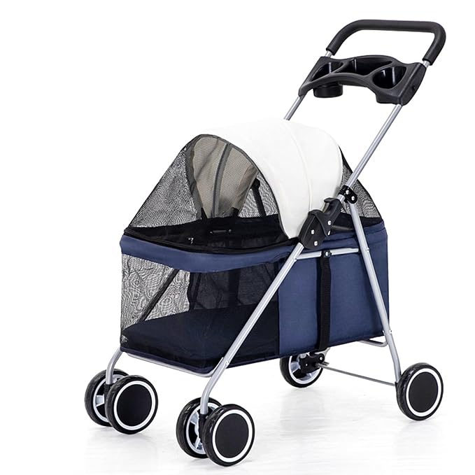 Outdoor Portable Foldable 4-Wheel Pet Cart for Small,Medium-Sized Dogs and Cats with Cup Holder,Travel Pet Small Lightweight Cart (Dark Blue)