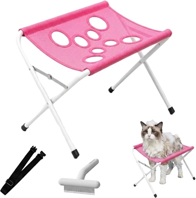 2-in-1 Foldable Pet Grooming Bed, Foldable Pet Grooming Hammock，Pink | Dog Grooming Hammock Stand, Pet Bathing Stand with Breathable Mesh & Strap for Nail Trimming, Bathing, Haircuts