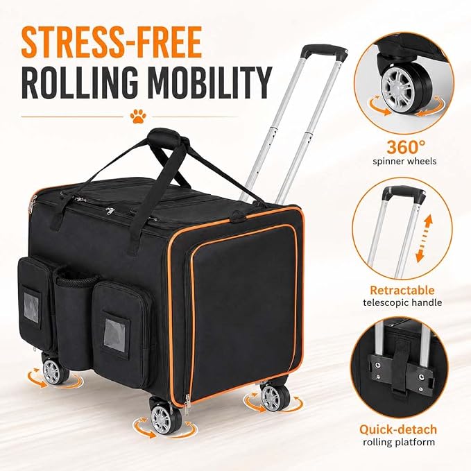 Large Cat Carrier on Wheels for 2 Cats, Double Rolling Pet Carrier with Wheels & Mesh Windows,Foldable Travel Crate for Dogs Cat for Airplane,Travel,Car,Camping
