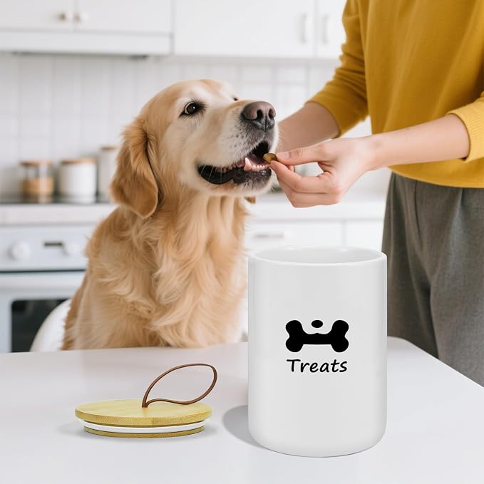 Dog Treat Container Airtight - 5 Inch Wide x 7.5 Inch White Ceramic Dog Treat Jar for Kitchen Counter, Doggie Cookie Jar with Airtight Bamboo Lid - Farmhouse Style Dog Food Storage Container