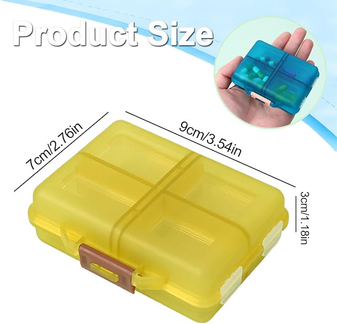 Travel Pill Organizer, Moisture Proof Daily Medicine Dispenser Box | Small Weekly Vitamin Case for Supplement, Fish Oil, Meds, Pocket Pharmacy Cute Capsule Mini Container 8 Compartments, Yellow