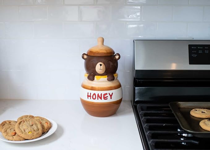 Dolomite Ceramic 11.1 x 6.3 Everyday Cookie & Candy Jar with Airtight Lid: Perfect for Kitchen Canisters, Pet Treat Containers & Decorative Storage, Smiling Brown Bear in Honey Jar
