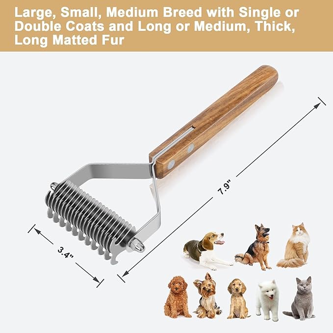Undercoat Rake for Dogs, Dematting Comb for Dogs and Cats with Wood Handle, Deshedding Dog Brush for Remove Mats, Long-Haired Pets Grooming Rake, L