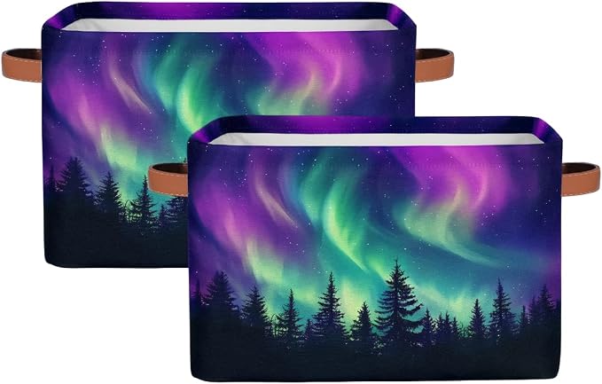 Storage Basket Northern Light Aurora Storage Cube Box Durable Canvas Collapsible Toy Basket Organizer Bin with Handles for Shelf Closet Bedroom Home Office