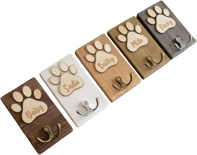Personalized Wooden Pet Leash Hook, Custom Engraved Dog Name Hook Rack Pet Collar Wall Mount Organizer Gift for Dog Lovers