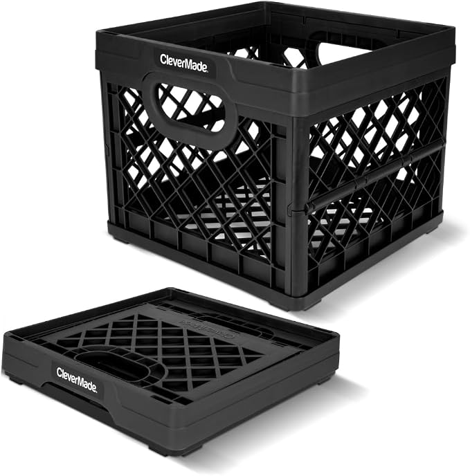 CleverMade Collapsible Milk Crate (100% Recycled) - 25L - Obsidian | Organize Files, Groceries, and Gear in One Crate | Built-In Rails Hold Letter Folders, While the Frame Stacks Securely