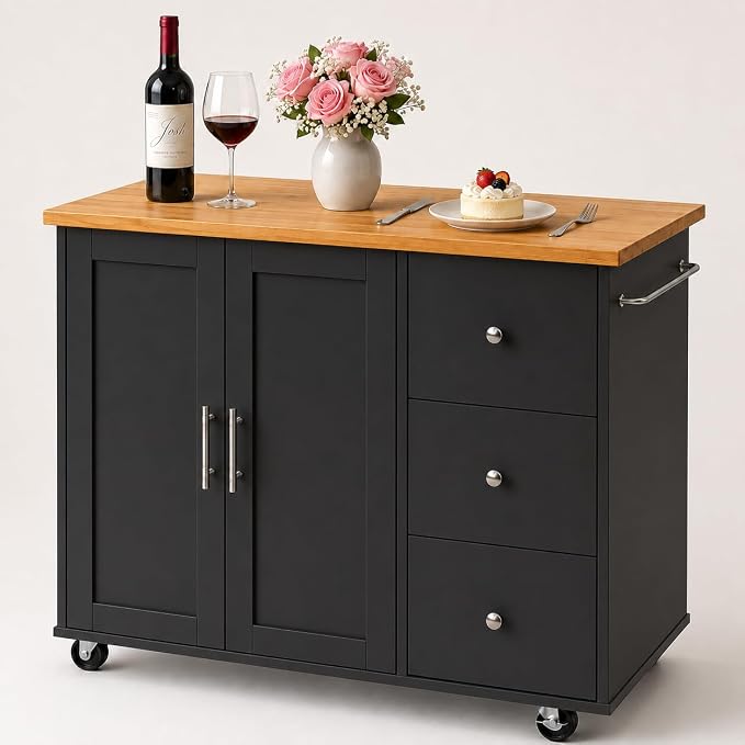 JY QAQA 40" Kitchen Island Cart Furniture cart on Wheels Rolling Portable Dining Room Serving Utility Carts Mobile Movable with Drawers Cabinet,Black