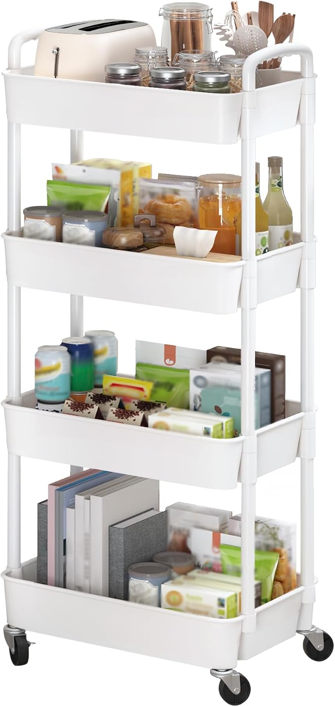 Sywhitta 4-Tier Plastic Rolling Utility Cart with Wheels for Storage,White | Multi-Functional Storage Trolley, for Office, Living Room, Kitchen, Bathroom,Movable Organizer,Space-Saving,Easy to assemble