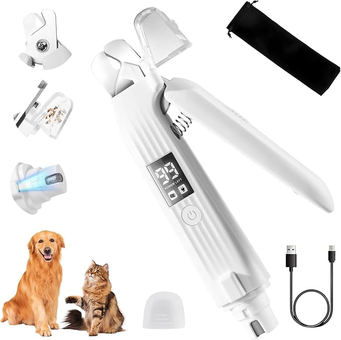 2 in 1 Dog Nail Clippers Electric Grinder Dogs Cats Trimmers Claw Nail Care Tool Cordless Rechargeable Pets Nail Trimmer with LED Lights Low Noise Pet Electric Grinder Storage Bag Include