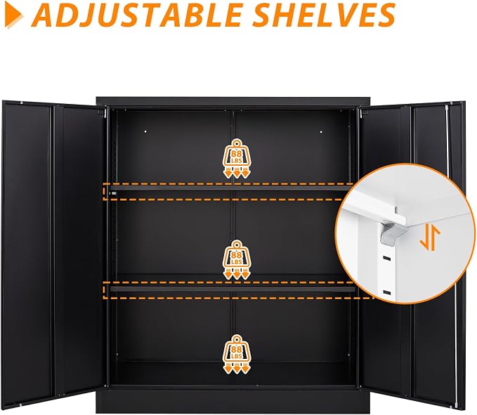 Metal Storage Cabinet, Lockable Storage Cabinet with 2 Doors and Shelves, Metal Cabinet with Lock, Small Lockable Metal Cabinet for Home Office(Black)