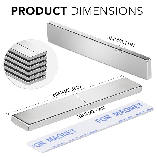 Strong Neodymium Magnets with Adhesive Backing, 25 Pack, 60x10x3 mm | Powerful Rare Earth Bar Magnets, Waterproof Black Magnetic Magnet Strips Heavy Duty for Craft, Kitchen, DIY, Office