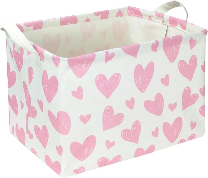 NTAOHAMPER 24L Children's Day Father Gifts Pink Heart Fabric Storage Basket Empty with Handles, Books Box, Lovely Storage (Pink Heart)