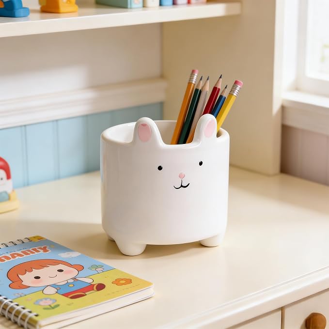 Ceramic Cat Shaped Pen Pencil Holder for Desk Decoration Accessories Cat Decor Makeup Brush Pen Cups Succulent Plant Pot Office School Ideal Gifts for Women, Mom or Birthdays