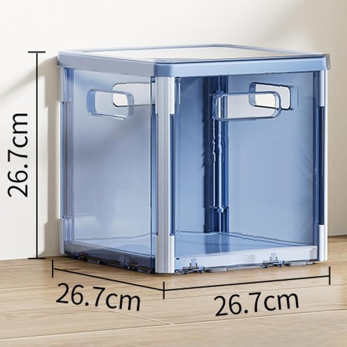 Foldable Storage Box Stackable Organizer Bin Container with Lid and Handles Portable Lightweight Dustproof PET Suitable for Clothing Bedding Books, Blue