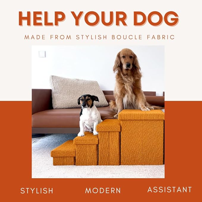 5-Step Dog Stairs for Small, Medium Dogs with Storage Box - Durable Folding Pet Steps, Padded Lid and Container; Dog Steps for Bed and Couch + Hair Brush Gift (Terracotta, Large, 5.0)