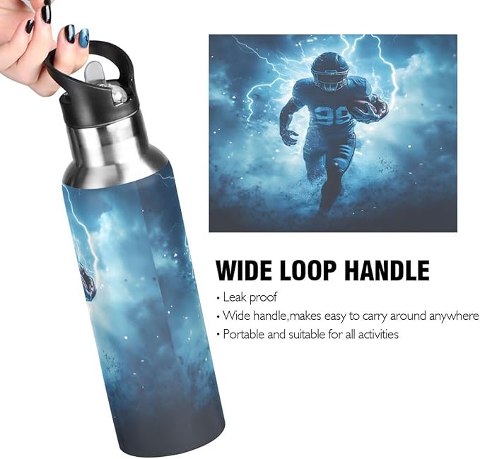 American Football Player Lightning Water Bottle with Straw Lid Kids Insulated Stainless Steel Water Flask Sports, 20 Oz Hot Cold