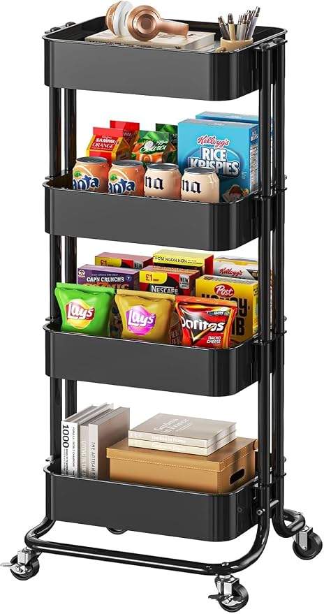 Pipishell 4 Tier Metal Rolling Utility Cart with 2 Lockable Wheels, Black | 360° Rotating Wheel, Heavy-Duty Steel, Sturdy Dual Columns, Ventilated Mesh, Hold 22 lbs per Shelf, for Kitchen & Dining Room