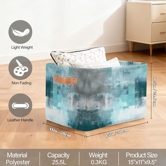 Pardick Storage Baskets Bin, Teal Grey Turquoise Collapsible Canvas Fabric Storage Bin Decorative Baskets Toy Organizer Rectangle Storage Boxes with handles for Home Shelves Nursery,Q-1